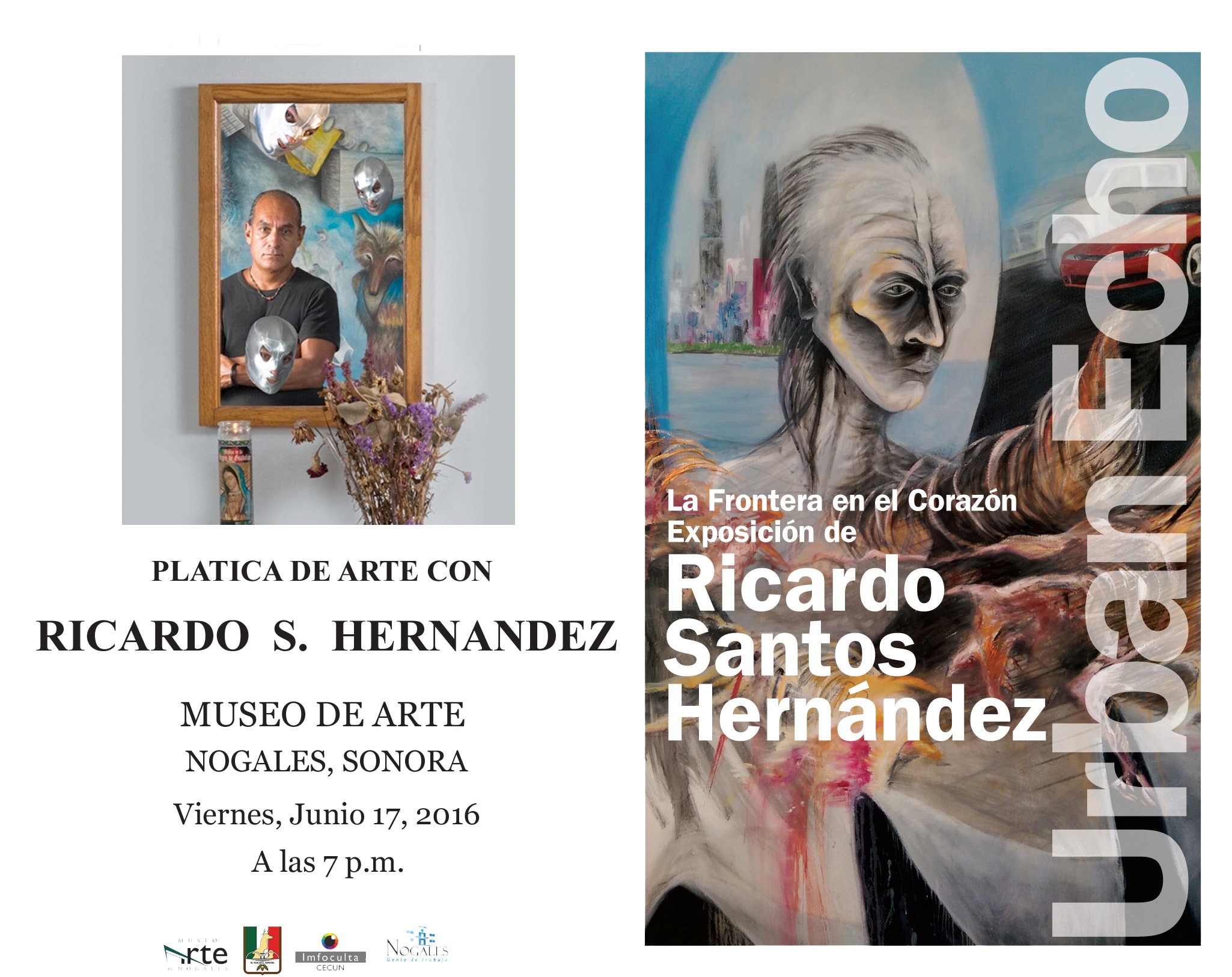 Urban Echo — La Frontera en el Corazón. Solo exhibition by Ricardo Santos Hernández. Museo de Arte de Nogales, Nogales, Sonora, Mexico. Viernes, Junio 17, 2016, a las 7 p.m. Ricardo was invited to present his Chicago work at the Museo de Arte de Nogales — a recognition of his standing as one of the leading artists from Ambos Nogales, with deep roots in the sister cities of Nogales, Arizona and Nogales, Sonora. by Ricardo Santos Hernández