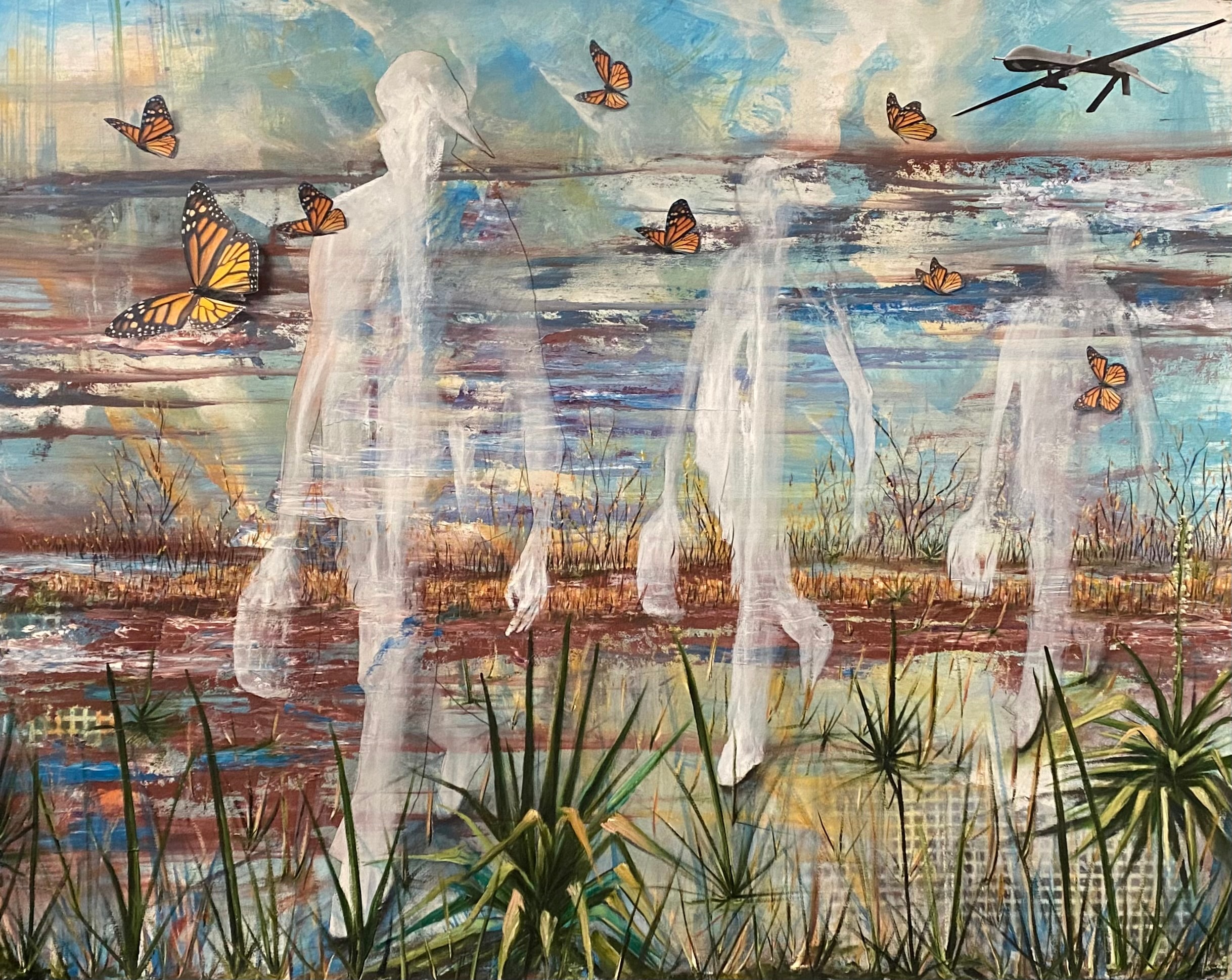 Hombre Cósmico and Monarch Butterflies Going Home — Ricardo Santos Hernández. Oil paint, collage on multi-purpose paper. Translucent figures of the Hombre Cósmico move through a wetland landscape alongside monarch butterflies in migration — all journeying back toward ancestral land. A military drone crosses the sky above, a silent witness to the crossing. The monarchs and the cosmic beings share the same path: a return guided not by borders, but by memory, spirit, and the pull of the earth. by Ricardo Santos Hernández