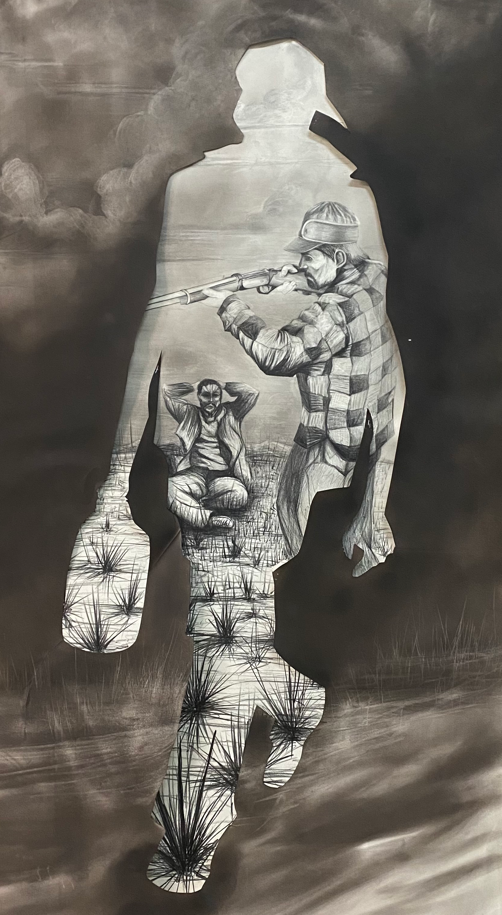 Hombre Cósmico: A Study for the Lithograph "He Knows the Secret of the Trails" — Ricardo Santos Hernández. A preparatory study in graphite. The silhouette of the walking man contains a world of violence within it: a hunter in a plaid jacket raises a rifle at a kneeling figure, hands raised, surrounded by desert grasses. The body of the Hombre Cósmico is not just a vessel — it is a landscape, a history, a scene of confrontation carried forward with every step. This study reveals the thinking behind the lithograph: the trails he knows are not safe. They are the trails where power meets the powerless, where survival is not guaranteed. He walks anyway. by Ricardo Santos Hernández