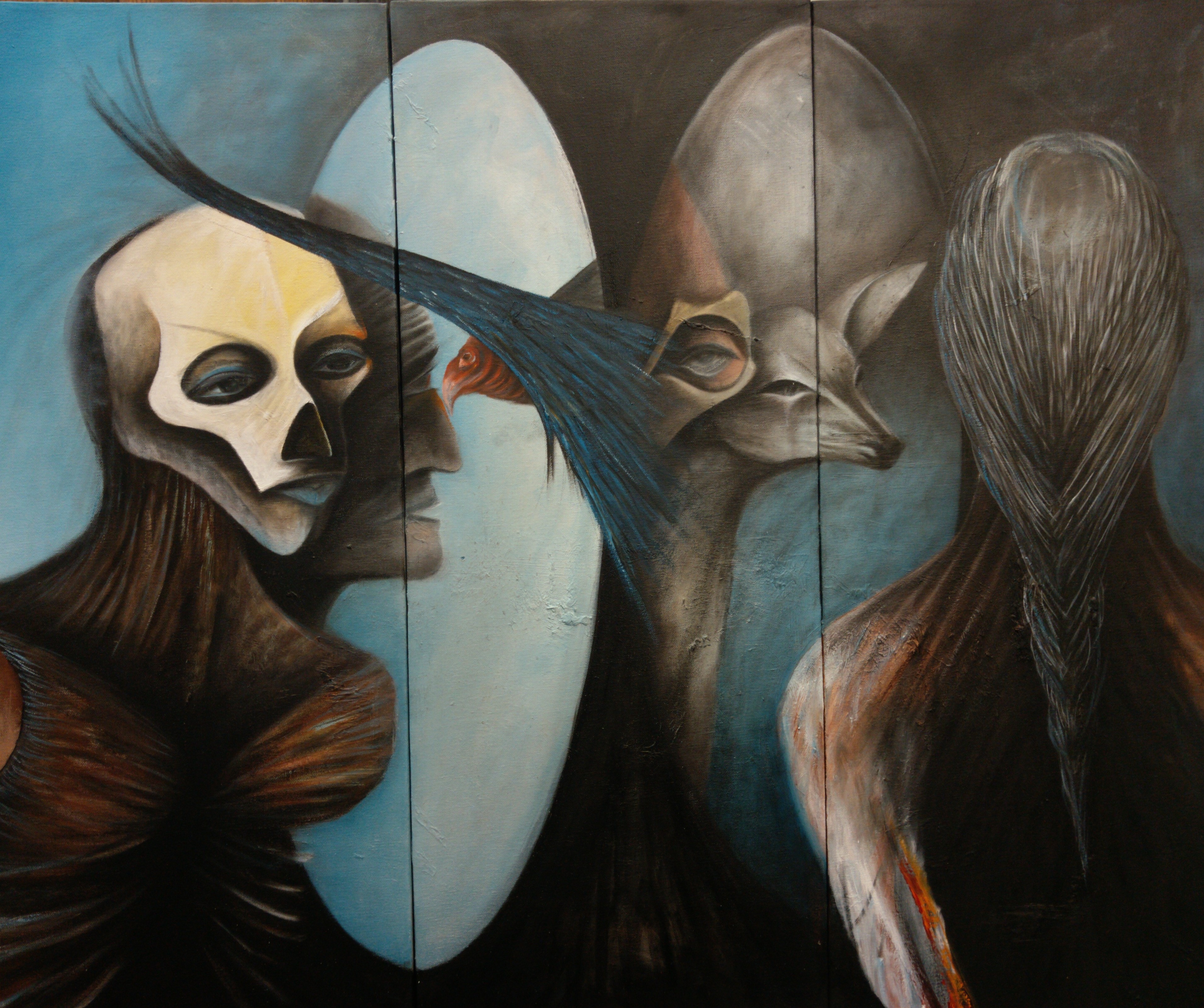 La trensa de mi abuela — Triptych painting by Ricardo Santos Hernández. A journey into family memory, Indigenous roots, and the natural world. At the center is Chana, Ricardo's grandmother — a healer whose wisdom and spiritual presence flows through the three panels like a braid: the masked ancestor figure, the deer as sacred guide, and the great plait of hair that carries the lineage forward. A meditation on what we inherit, what we carry, and what heals us. by Ricardo Santos Hernández