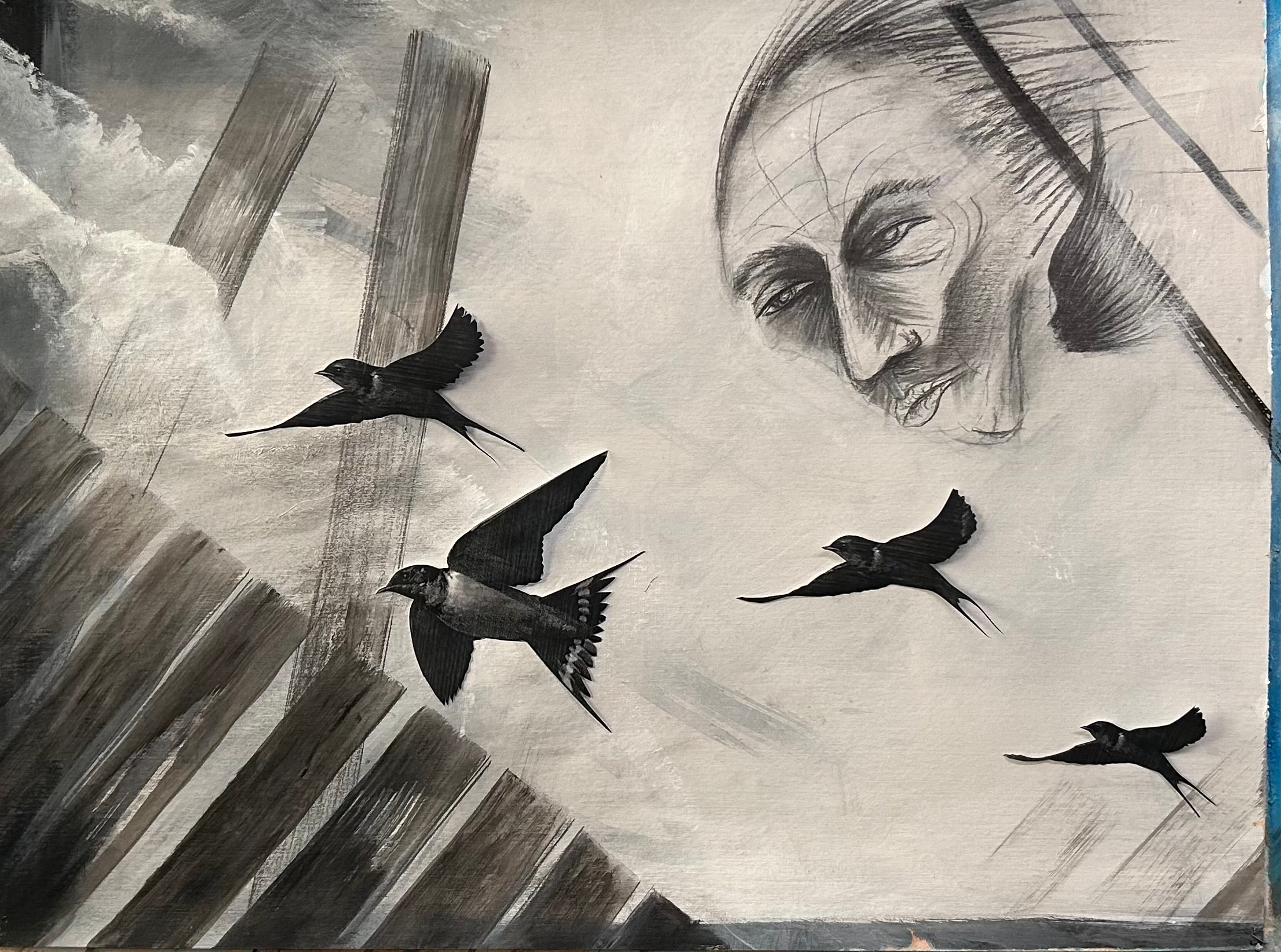 Guardian of the Swallows — Mixed media. A tribute to Lupita, Ricardo's sister, who worked diligently to preserve the passage and survival of the swallows' migration to their summer destination along the southern border near Kino Springs. by Ricardo Santos Hernández