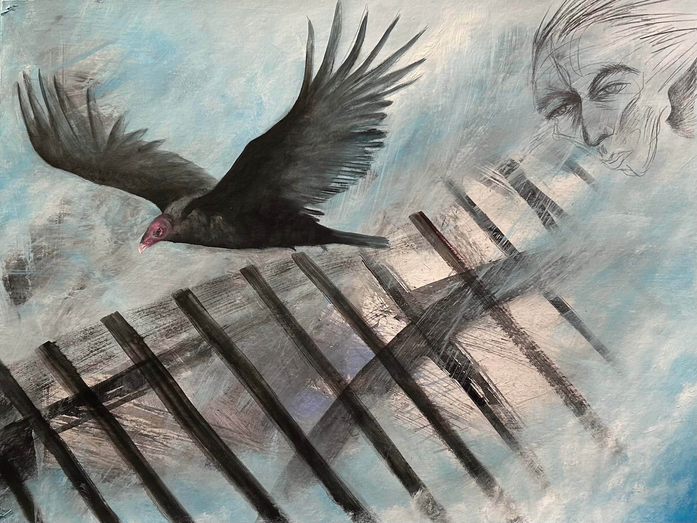 Guardians — Mixed media. Witness to the environmental and moral destruction taking place along the Mexico–United States border in southern Arizona. The turkey vulture — wirum in Yaqui — hovers freely over the metal barrier, knowing no boundaries. by Ricardo Santos Hernández